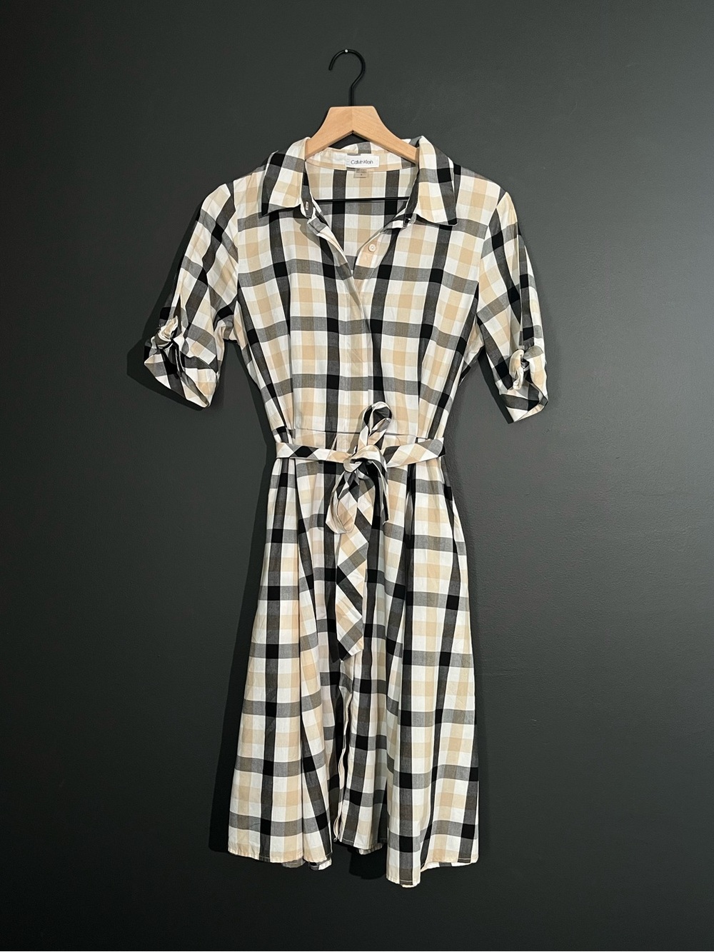 Calvin Klein Plaid Midi Shirt Dress Tie Waist Long Sleeve - Size 8